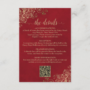 Elegant Crimson Red & Gold Bröllps QR-kod Detaljer Tilläggskort