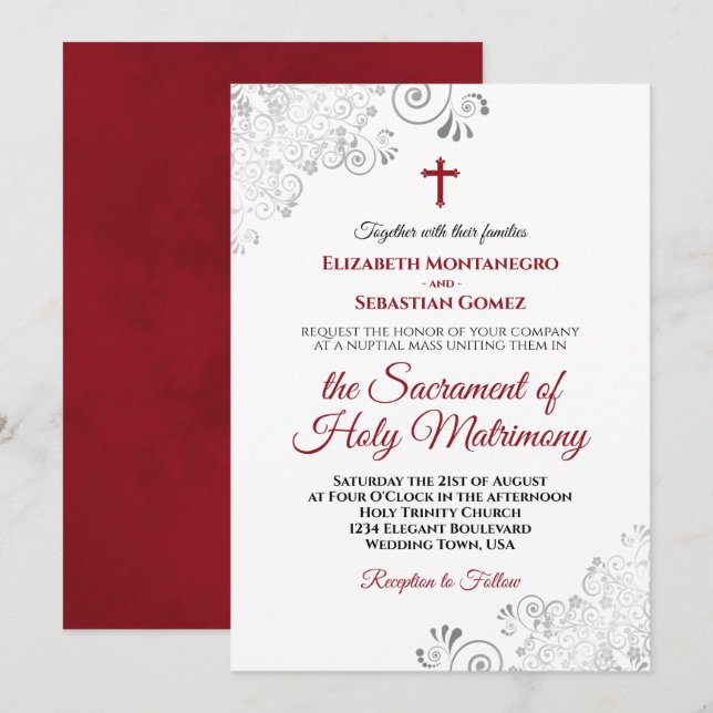 Elegant Crimson Red & Grått Modern katoliska Bröll Inbjudningar (Fram/baksida)
