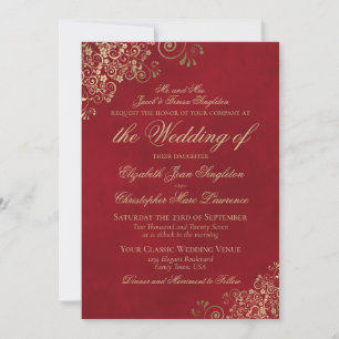 Elegant Crimson Red & Guld Formal Bröllop Inbjudningar