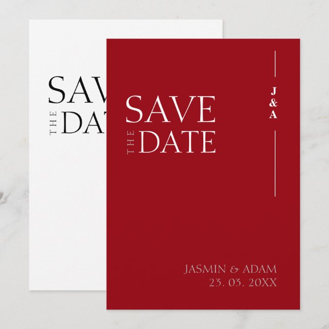 Elegant Crimson Red Minimalist Monogram Bröllop Spara Datumet (Fram/baksida)