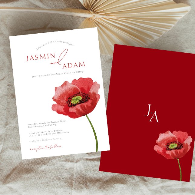 Elegant Crimson Red Poppy Blommigt Bröllop Inbjudningar (Elegant Crimson Red Poppy Floral Wedding Invitation)