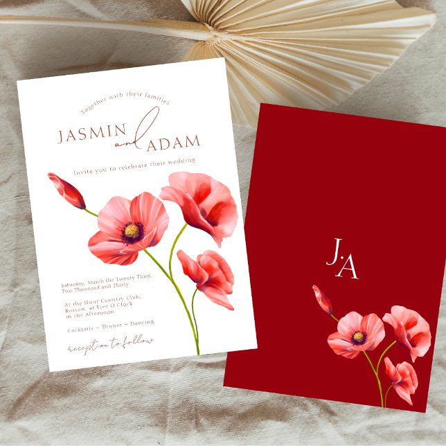 Elegant Crimson Röda Vallmo Blommig Bröllop Inbjudningar (Crimson Red Poppies Floral Wedding Invitation)