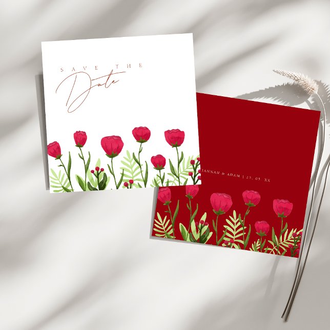 Elegant Crimsonröd Vildblomma Bröllop Spara Datum Datumet (Crimson Red Poppies Flowers Wedding Save The Date)
