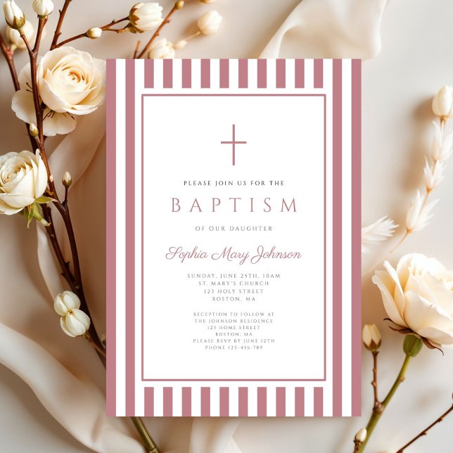 Elegant Cross Dusty Pink Girl Baptism  Inbjudningar (Elegant Cross Dusty Pink Girl Baptism Invitation)