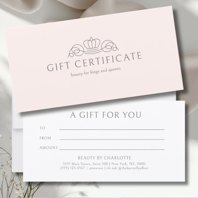 Elegant Crown Blush Rosa Salong Presentkort (Elegant Crown Blush Pink Salon Gift Certificate)