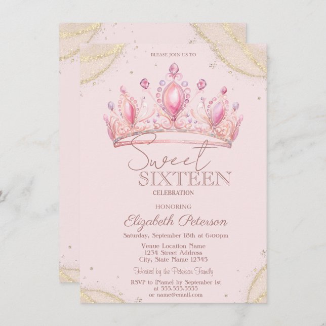 Elegant Crown Gold Glitter Corners Sweet 16   Inbjudningar (Fram/baksida)