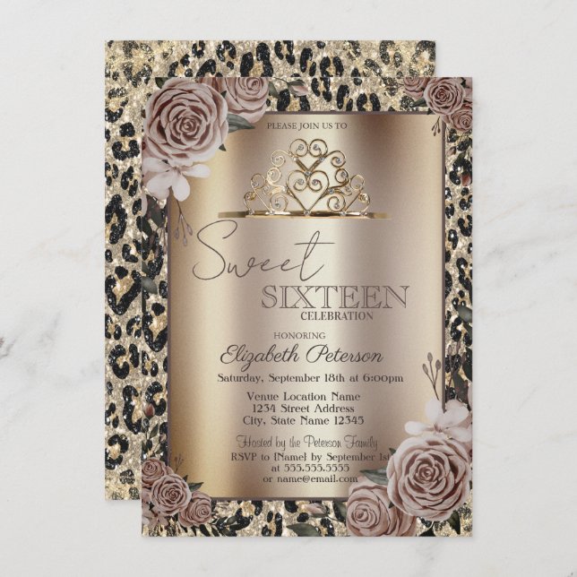 Elegant Crown Roses Leopard Print Sweet 16   Inbjudningar (Fram/baksida)