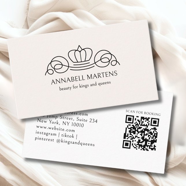 Elegant Crown Salon Beige QR-kod Visitkort (Elegant Crown Salon Beige QR Code Business Card)