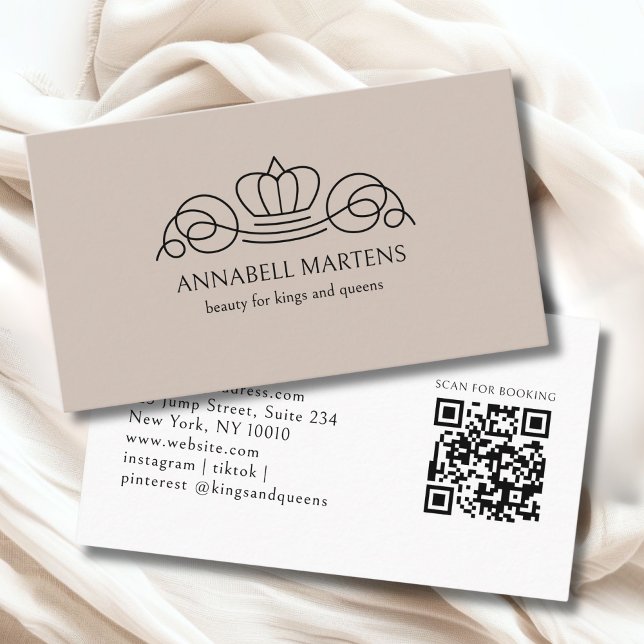 Elegant Crown Salon Ljusbrun QR-kod Visitkort (Elegant Crown Salon Light Brown QR Code Business Card)