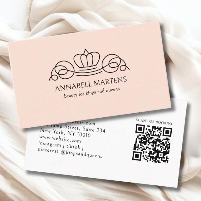 Elegant Crown Salon Peach QR-kod Visitkort (Elegant Crown Salon Peach QR Code Business Card)