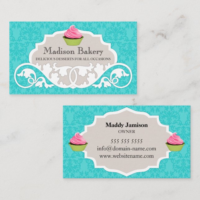 Elegant Cupkaka Bakery Swirl Damask Visitkort (Fram/baksida)