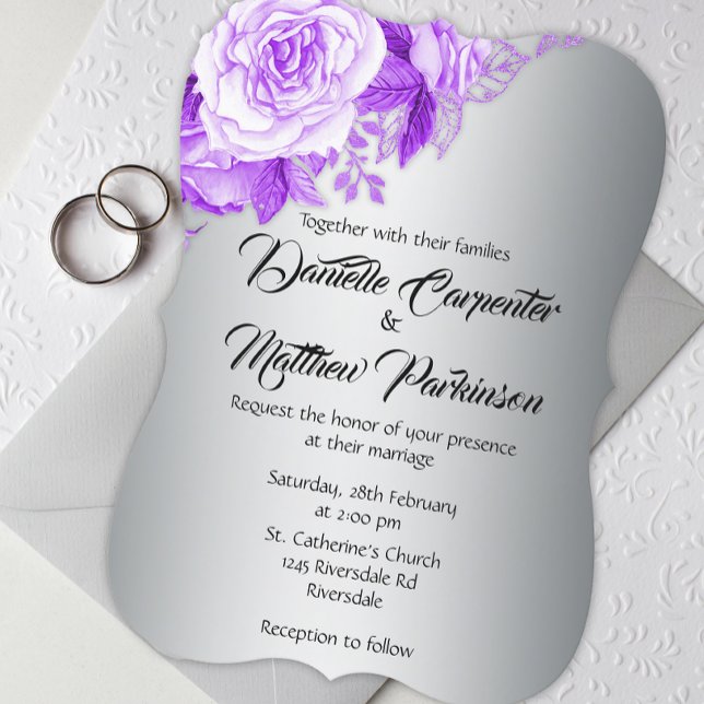 Elegant Curved Lila Ro Silver Bröllop Inbjudningar (Skapare uppladdad)
