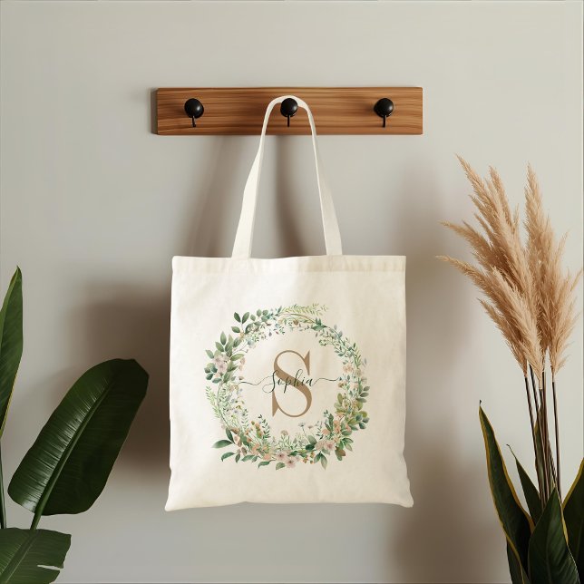 Elegant Custom Botanical Monogram with Name Tygkasse (Skapare uppladdad)