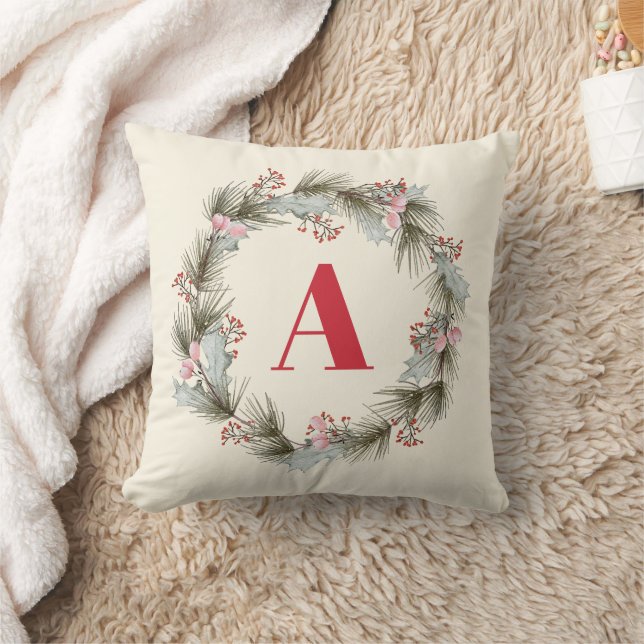 Elegant Custom Monogram Christmas Wreath  Kudde (Filt)