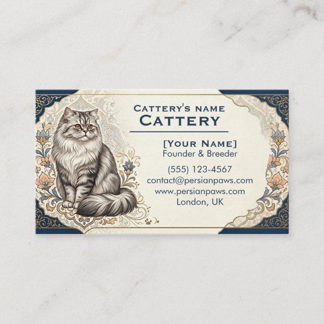 Elegant Custom Persian Cat Cattery Business Card  Visitkort (Framsida)
