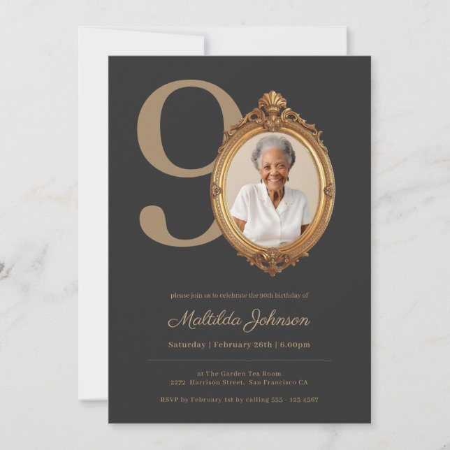 Elegant Custom Photo Gold 90th Birthday  Inbjudningar (Framsida)