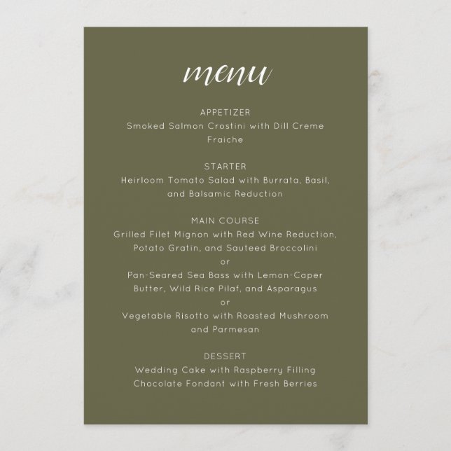 Elegant Custom Wedding Menu Template Olive Moss Meny (Framsida)