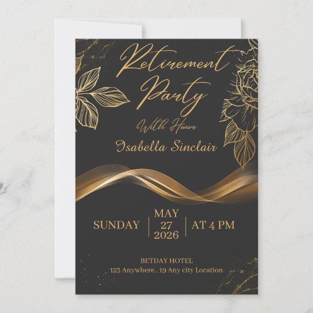 Elegant Customizable Gold Floral Retirement Party  Inbjudningar (Framsida)