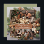 Elegant Cute 3 Photo Family jul Evergreen Julkort<br><div class="desc">Ett modernt pektivkort för helgrön julhälsning i helgdag 3-fotfamiljen med boho rustic evergreen boughs and ornaments,  i sött ljus terracotta och grönt hues. Rustik modern vibe. Ersätt platshållarfoton med egna helgdag. Anpassa med dina foton och skriv ut dem som en digital nedladdning,  eller både och!</div>