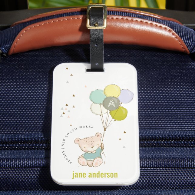 Elegant Cute Aqua Bear Balloon Boys Monogram Bagagebricka (Framsida Insitu 2)