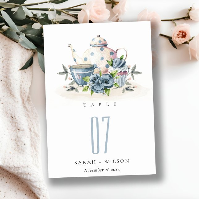 Elegant Cute Aqua Blue blommigt Tekanna Kopp Bröll Bordsnummer (Skapare uppladdad)