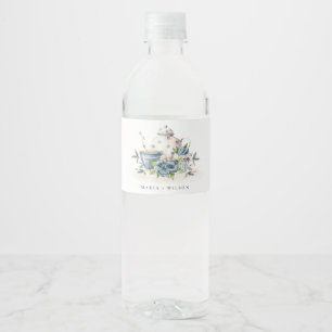 Elegant Cute Aqua Blue Blommigt Tekanna Kopp Bröll Vattenflaskor Etikett
