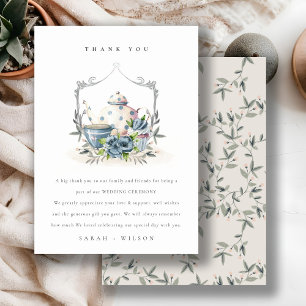 Elegant Cute Aqua Blue Blommigt Tekanna Vapensköld Tack Kort