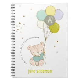 Elegant Cute Blue Bear Balloon Boys Monogram Anteckningsbok