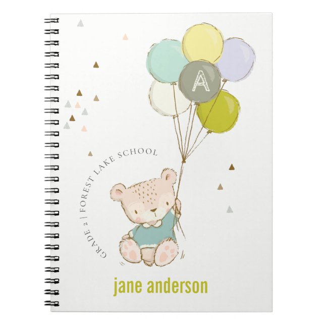 Elegant Cute Blue Bear Balloon Boys Monogram Anteckningsbok (Framsidan)