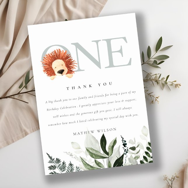 Elegant Cute Boho Lejon Foliage Första födelsedag Tack Kort (Skapare uppladdad)