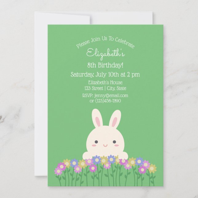 Elegant Cute Bunny & Flowers Sage Grönt Birthday Inbjudningar (Framsida)