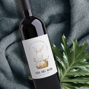 Elegant Cute Bunny i Blommigt Basket Barns födelse Vinflaska Etikett