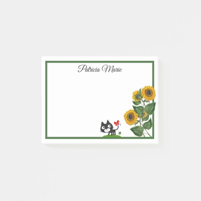 Elegant Cute Cat and Gult Solros Personlig Post-it Block (Framsida)