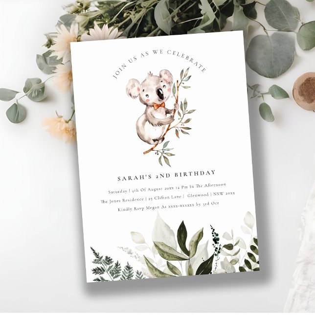 Elegant Cute Koala Foliage any age Birthday Inbjud Tack Kort (Skapare uppladdad)