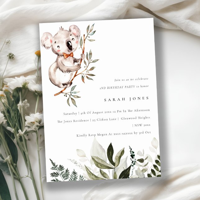 Elegant Cute Koala Foliage any age Birthday Inbjud Tack Kort (Skapare uppladdad)