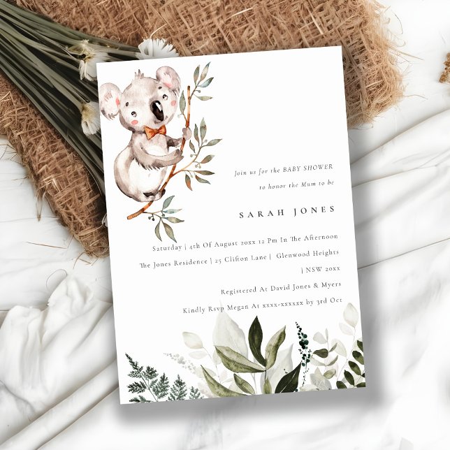 Elegant Cute Koala Foliage Baby Shower Inbjudan (Skapare uppladdad)