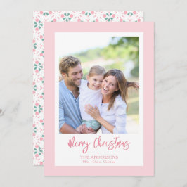 Elegant Cute Pink Photo Pattern Script Christmas Julkort
