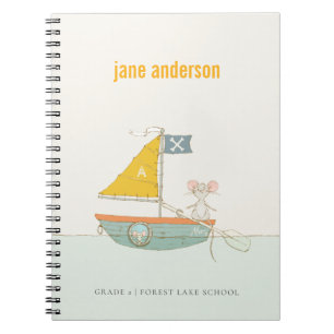 Elegant Cute Pirat Mouse Sailboat Kids Monogram Anteckningsbok
