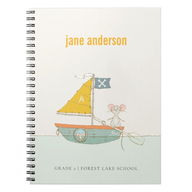 Elegant Cute Pirat Mouse Sailboat Kids Monogram Anteckningsbok (Framsidan)