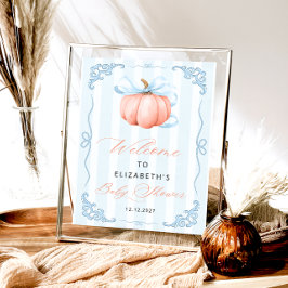 Elegant Cute Pumpkin Blue Bow Baby Shower Poster