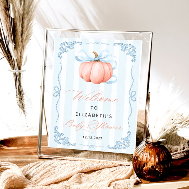 Elegant Cute Pumpkin Blue Bow Baby Shower Poster (Skapare uppladdad)
