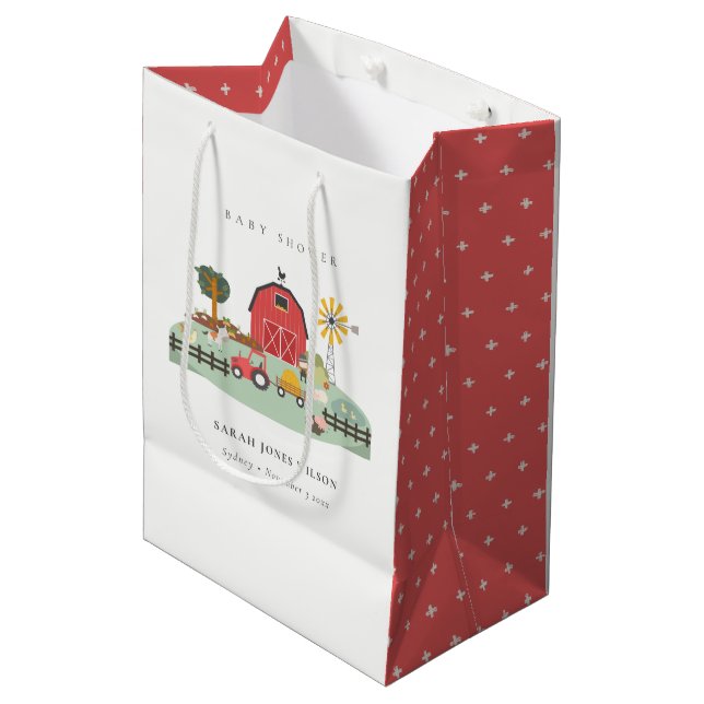 Elegant Cute Red Barnyard Farm Animal Baby Shower (Framsidan Vinklad)