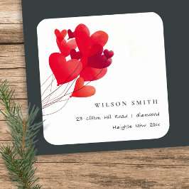 Elegant Cute Red Heart-ballonger Vattenfärg Adress Fyrkantigt Klistermärke