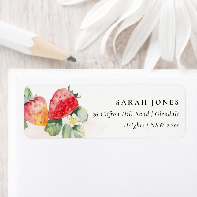 Elegant Cute Red Strawberry Leafy Foliage Adress Returadress Etikett (Insitu)