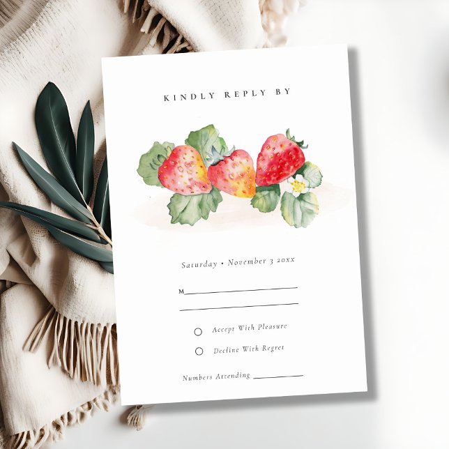Elegant Cute Red Strawberry Leafy Foliage Bröllop OSA Kort (Skapare uppladdad)