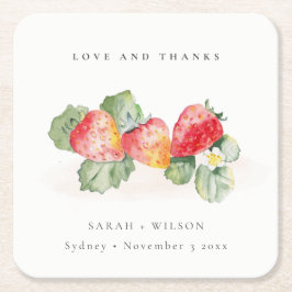 Elegant Cute Red Strawberry Leafy Foliage Bröllop Underlägg Papper Kvadrat