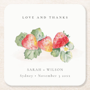 Elegant Cute Red Strawberry Leafy Foliage Bröllop Underlägg Papper Kvadrat