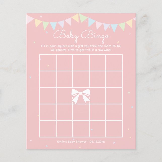 Elegant Cute Rosa Bow Girl Baby Shower Bingo Game (Framsida)