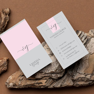 Elegant Cute Rosa Grått Modern Monogram Anpassning Visitkort