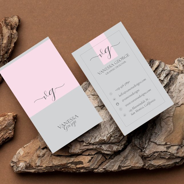 Elegant Cute Rosa Grått Modern Monogram Anpassning Visitkort (Elegant Cute Pink Grey Modern Monogram Custom Business Card)